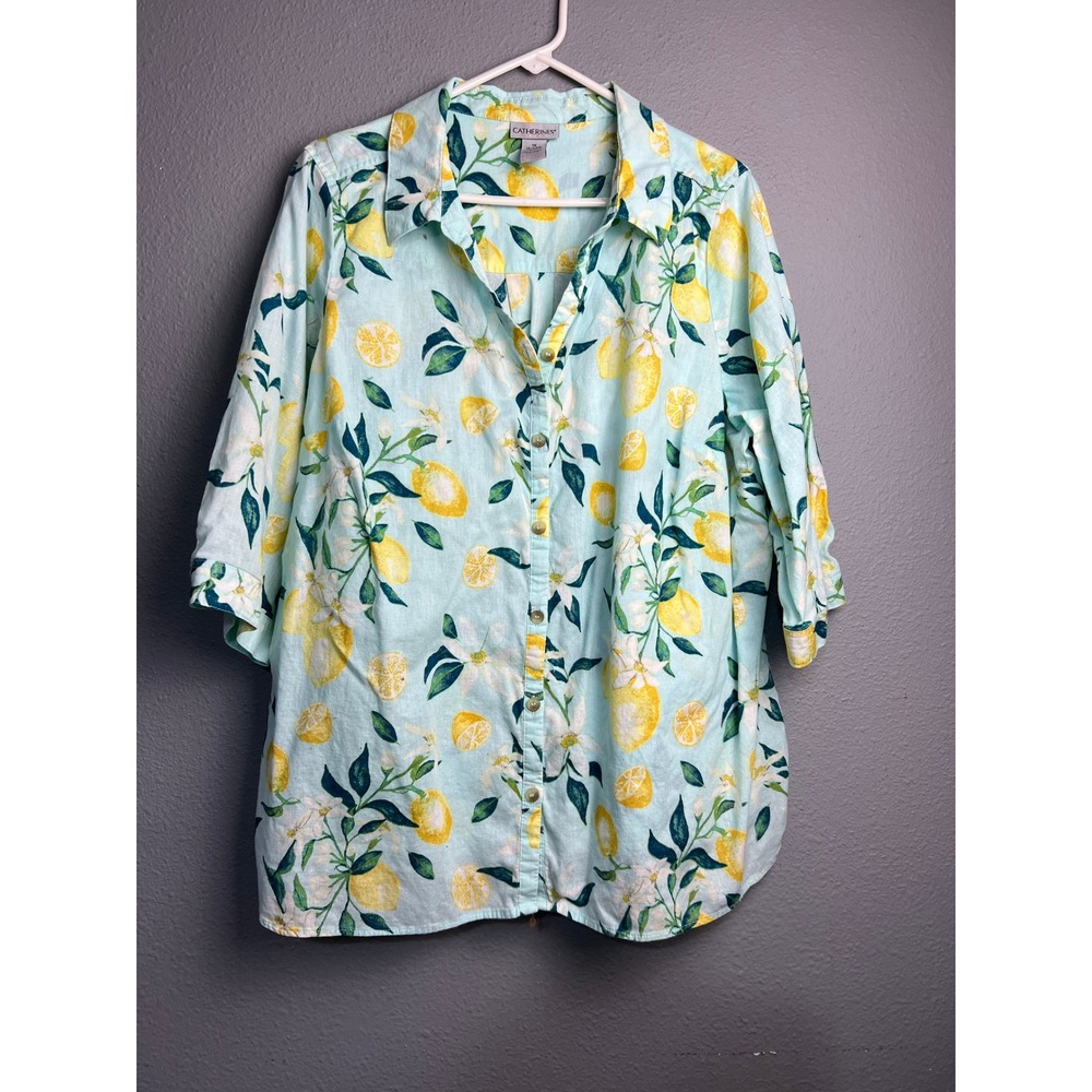 Catherines Linen Blend Lemon Print Button Down Shirt Blue Yellow 1X 18/20W